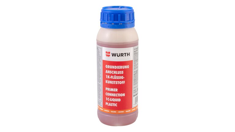 Eine Flasche Grundierung Anschluss 1K-Flüssigkunststoff stehend mit blauem Deckel